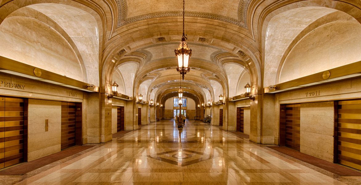 Lobby and elevator banks at City Hall government elevator
